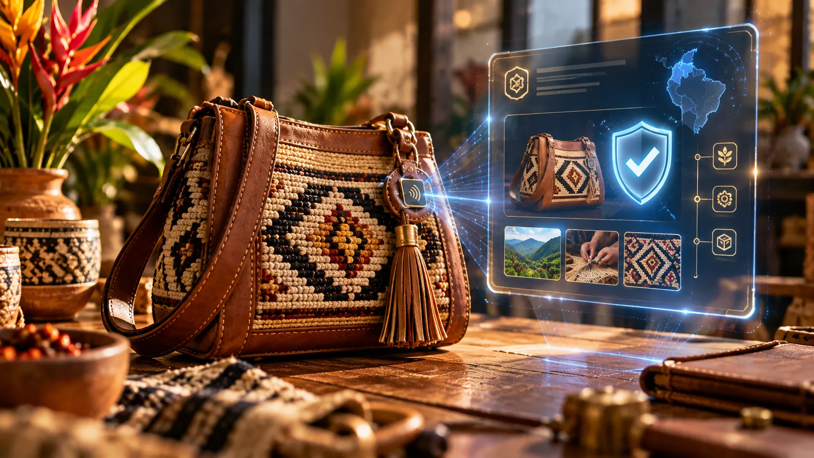 Bolso tejido con detalles de cuero y una etiqueta NFC, junto a un panel digital con la información de la pieza.