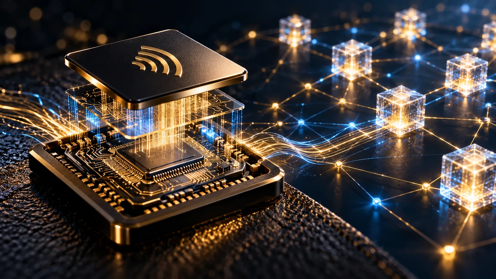 Ilustración de una etiqueta NFC sobre su chip, conectada por líneas de luz a una red de bloques que evoca blockchain.